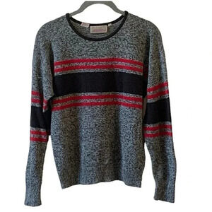 Vintage Stripped Sweater Women's Size Small Grey Red Wool Blend Preppy 90s